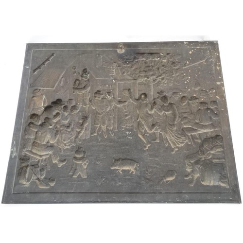 230 - Garden and Architectural Salvage: a large embossed brass plaque  of a country scene depicting figure... 