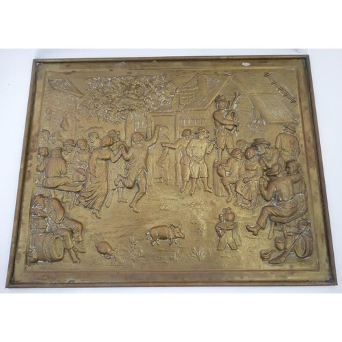 230 - Garden and Architectural Salvage: a large embossed brass plaque  of a country scene depicting figure... 