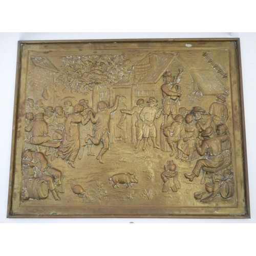 230 - Garden and Architectural Salvage: a large embossed brass plaque  of a country scene depicting figure... 