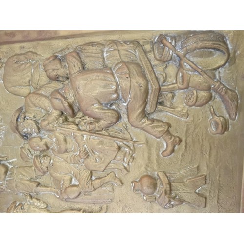 230 - Garden and Architectural Salvage: a large embossed brass plaque  of a country scene depicting figure... 