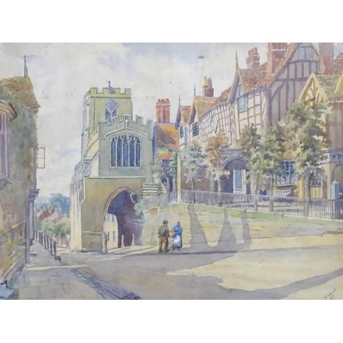 234 - A. M. Ward, Early 20th century, Watercolour, Warwick High St, with a view of Lord Leycester Hospital... 