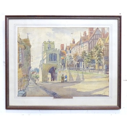 234 - A. M. Ward, Early 20th century, Watercolour, Warwick High St, with a view of Lord Leycester Hospital... 