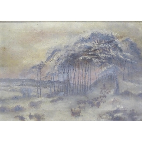 246 - An early 20thC oil on canvas depicting a hilltop landscape with sheep and drover on a treelined path... 