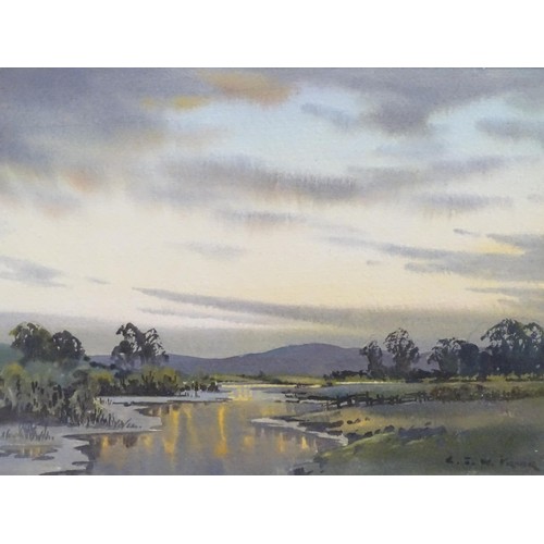 256 - Ebenezer John Woods Prior (1914-1988), Watercolour, Marshland Sunset, Cumbria, A Lake District river... 