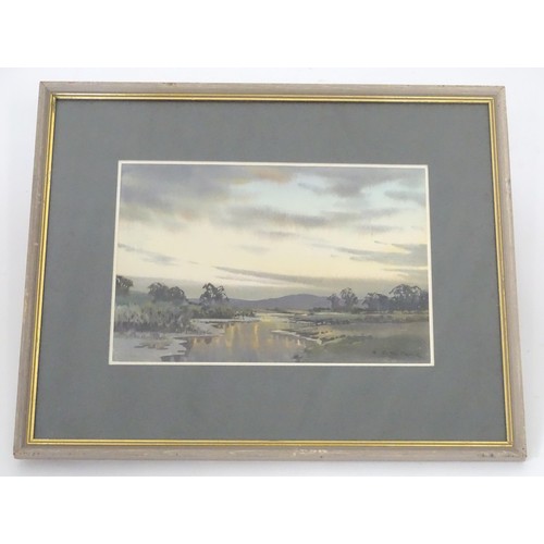 256 - Ebenezer John Woods Prior (1914-1988), Watercolour, Marshland Sunset, Cumbria, A Lake District river... 