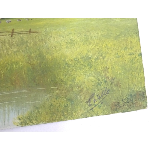 298 - E. Wells, 20th century, English School, Oil on card, An Oxfordshire landscape with a river and sheep... 