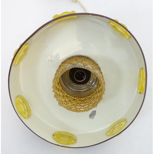 306 - Vintage Retro: A Danish pendant light with brown livery and yellow / amber coloured glass sections t... 