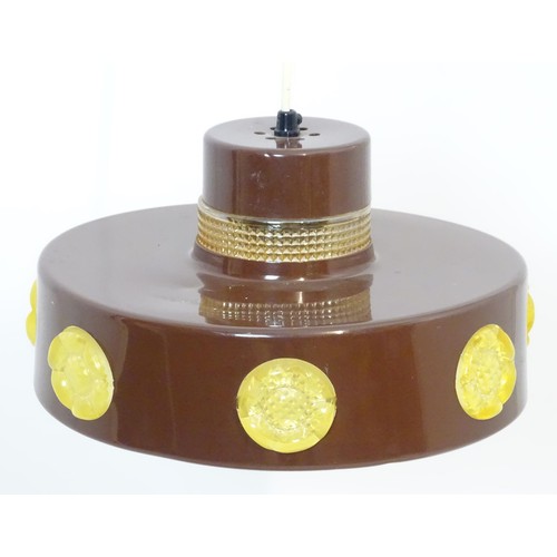 306 - Vintage Retro: A Danish pendant light with brown livery and yellow / amber coloured glass sections t... 