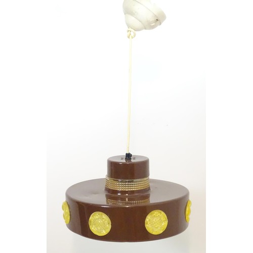 306 - Vintage Retro: A Danish pendant light with brown livery and yellow / amber coloured glass sections t... 