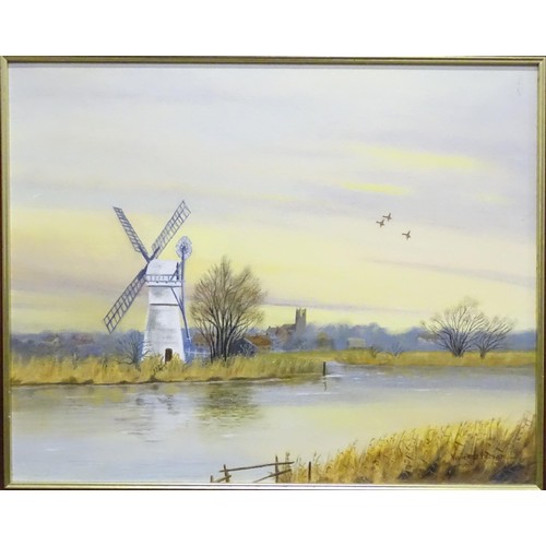 308 - Vivienne Bloxam, 20th century, Oil on canvas board, Windmill in the Norfolk Broads. Signed lower rig... 