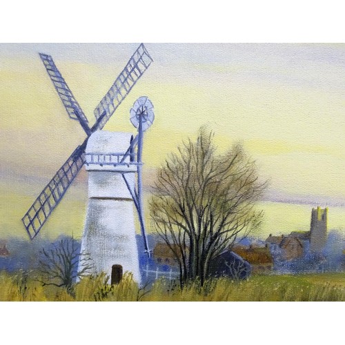 308 - Vivienne Bloxam, 20th century, Oil on canvas board, Windmill in the Norfolk Broads. Signed lower rig... 