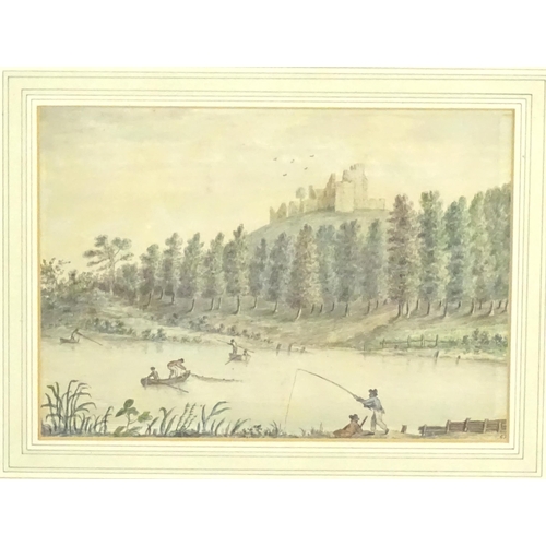 318 - Henry Pickthorn, 19th century, Watercolour and ink, A view of Prudhoe Castle from the River Tyne wit... 