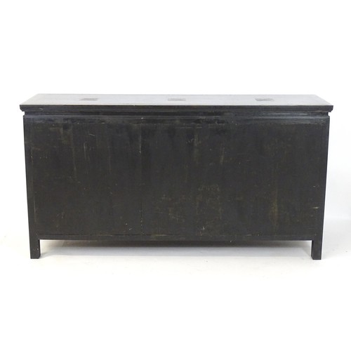 322 - Japanese Dining suite : A black suite with lacquered finish having engraved brass panel decoration. ... 