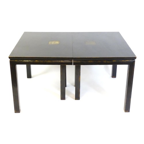 322 - Japanese Dining suite : A black suite with lacquered finish having engraved brass panel decoration. ... 