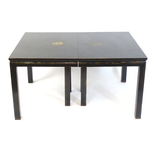 322 - Japanese Dining suite : A black suite with lacquered finish having engraved brass panel decoration. ... 