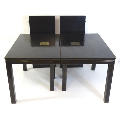 322 - Japanese Dining suite : A black suite with lacquered finish having engraved brass panel decoration. ... 