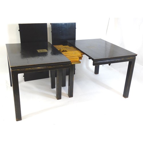 322 - Japanese Dining suite : A black suite with lacquered finish having engraved brass panel decoration. ... 