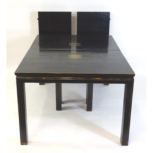 322 - Japanese Dining suite : A black suite with lacquered finish having engraved brass panel decoration. ... 