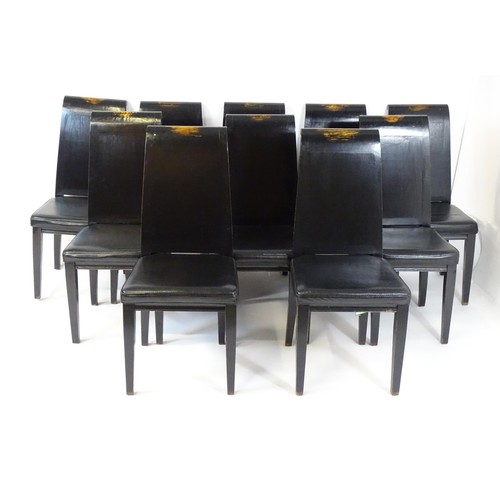 322 - Japanese Dining suite : A black suite with lacquered finish having engraved brass panel decoration. ... 