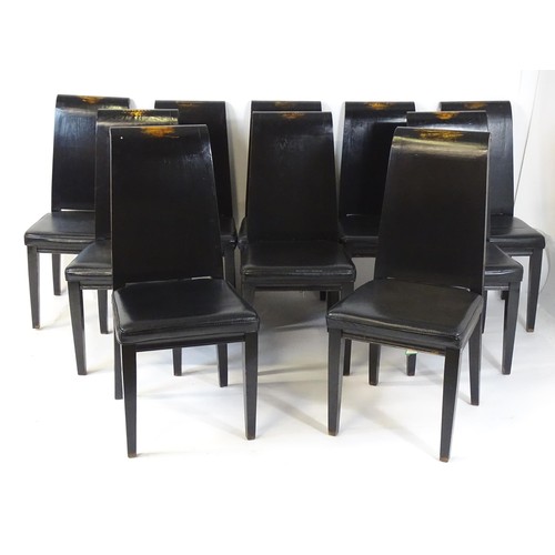 322 - Japanese Dining suite : A black suite with lacquered finish having engraved brass panel decoration. ... 