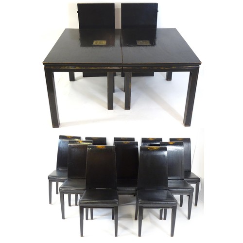 322 - Japanese Dining suite : A black suite with lacquered finish having engraved brass panel decoration. ... 