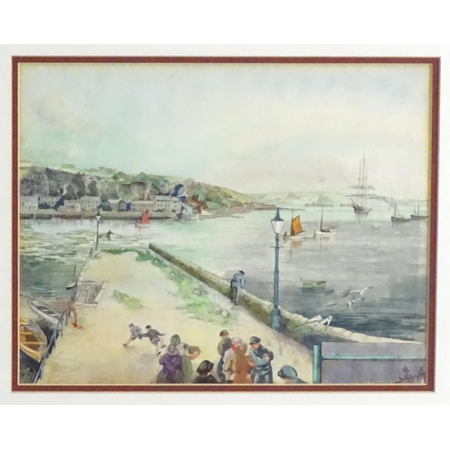 331 - J. W. A., 20th century, Watercolour, A harbour scene with figures on a pier with boats beyond. Signe... 