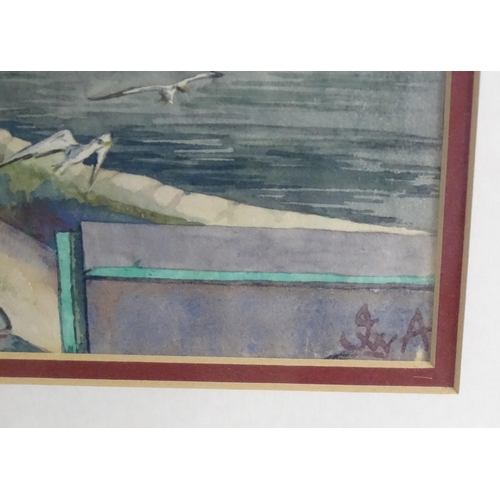 331 - J. W. A., 20th century, Watercolour, A harbour scene with figures on a pier with boats beyond. Signe... 