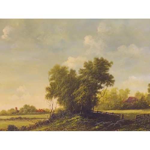 340 - An oil on canvas depicting a country landscape with farm buildings and church beyond. Indistinctly s... 