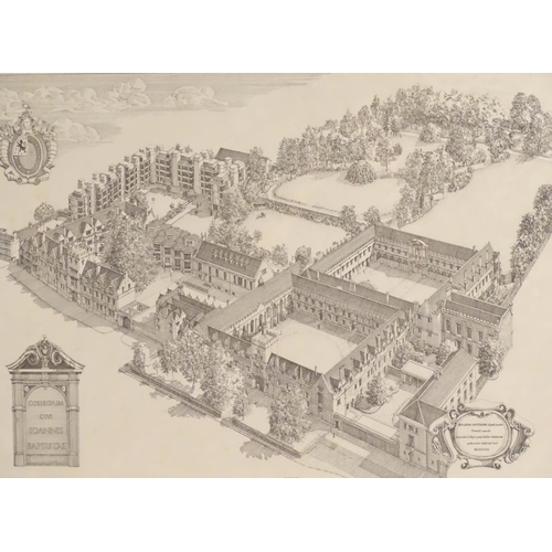 342 - A monochrome print depicting St John's / John the Baptist College, titled to architectural cartouche... 
