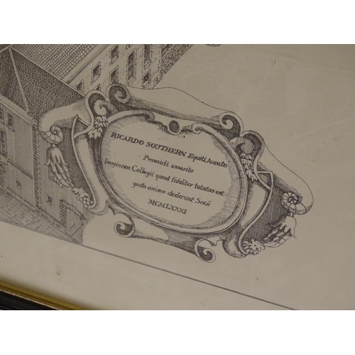 342 - A monochrome print depicting St John's / John the Baptist College, titled to architectural cartouche... 