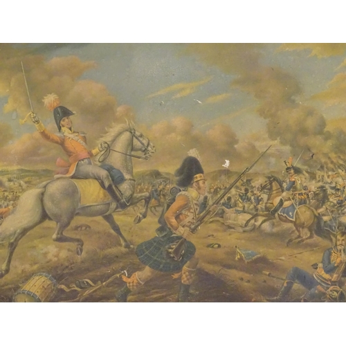343 - A military colour print depicting a battle scene with soldiers on horseback and on foot. Facsimile s... 