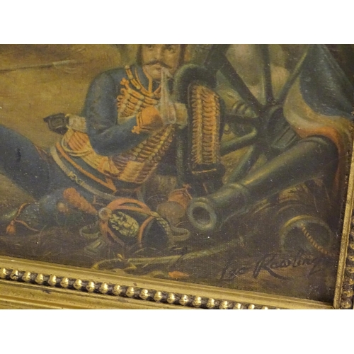 343 - A military colour print depicting a battle scene with soldiers on horseback and on foot. Facsimile s... 