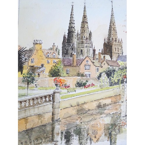 350 - A sketchbook of watercolours by V. R. Burrow, to include view of Lichfield, a thatched cottage with ... 