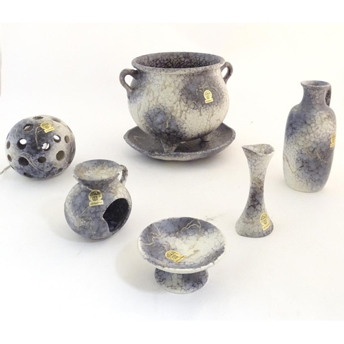 358 - A quantity of West German Ruscha retro studio pottery wares comprising a twin handled bulbous vase /... 