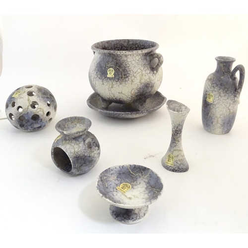 358 - A quantity of West German Ruscha retro studio pottery wares comprising a twin handled bulbous vase /... 