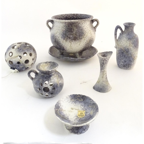 358 - A quantity of West German Ruscha retro studio pottery wares comprising a twin handled bulbous vase /... 