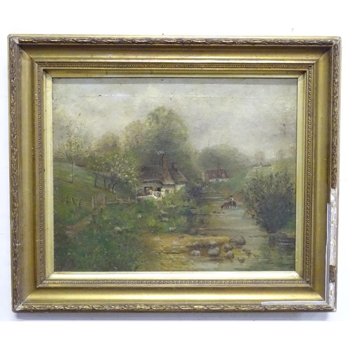 363 - 19thC, Oil on canvas, Landscape scene with thatched cottages by a stream with sheep grazing and a mu... 