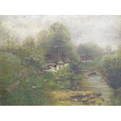 363 - 19thC, Oil on canvas, Landscape scene with thatched cottages by a stream with sheep grazing and a mu... 