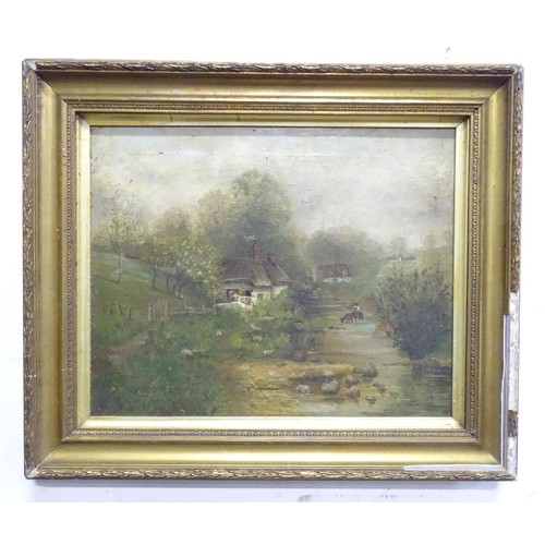 363 - 19thC, Oil on canvas, Landscape scene with thatched cottages by a stream with sheep grazing and a mu... 