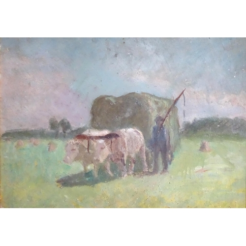 380 - 20th century, Continental School, Oil on card, Haymaking, Oxen pulling a hay cart through a field. A... 