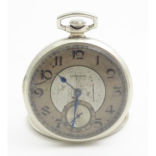 389 - A Longines pocket watch. Together with a hip flask (2)