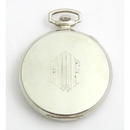 389 - A Longines pocket watch. Together with a hip flask (2)