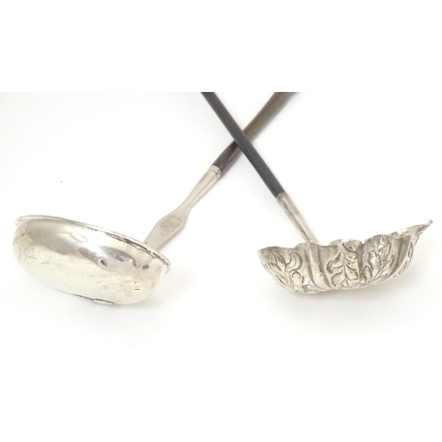 417 - Two late 18th / early 19thC silver and white metal toddy ladles, one with whale bone twist handle , ... 