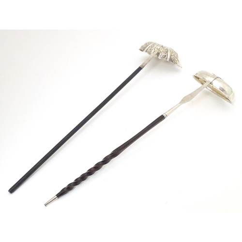417 - Two late 18th / early 19thC silver and white metal toddy ladles, one with whale bone twist handle , ... 