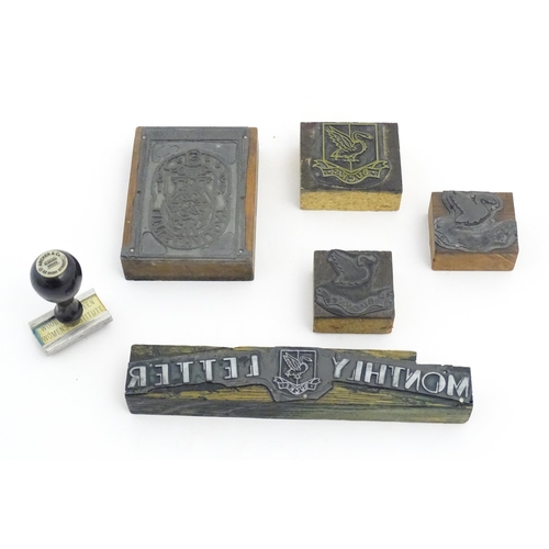 465 - Six assorted printing blocks / stamps with the Buckinghamshire swan with Duke's coronet and chain lo... 