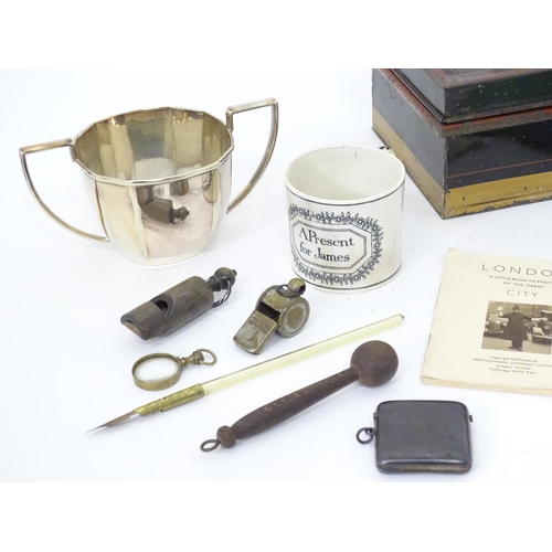 157 - A quantity of miscellaneous items to include vintage whistles, vesta case, silver plate sugar bowl, ... 