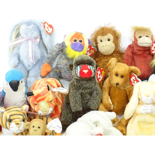 195 - Toys: A quantity of assorted soft toys to include TY Beanie Baby bears, octopus, monkey, lion, pengu... 