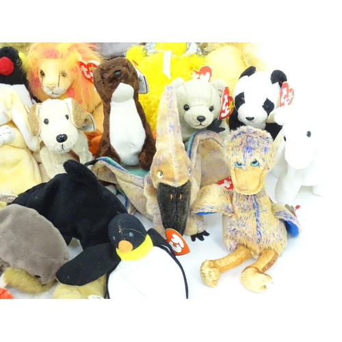 195 - Toys: A quantity of assorted soft toys to include TY Beanie Baby bears, octopus, monkey, lion, pengu... 