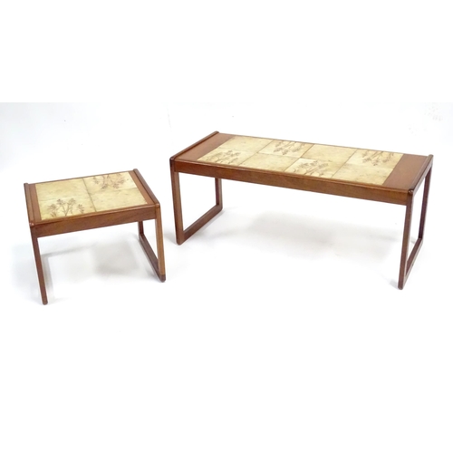 235 - A quantity of retro teak tile topped coffee tables & nests of tables with wheat design, by Sunelm Pr... 