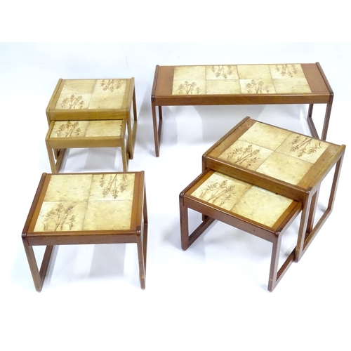 235 - A quantity of retro teak tile topped coffee tables & nests of tables with wheat design, by Sunelm Pr... 